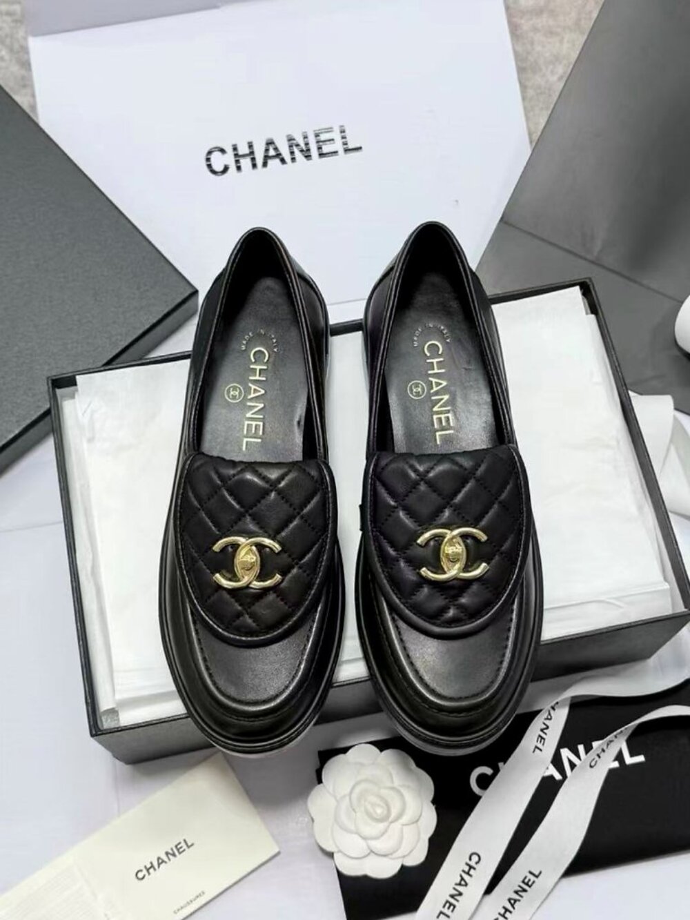 CHANEL Black Quilt CC Leather Loafers
